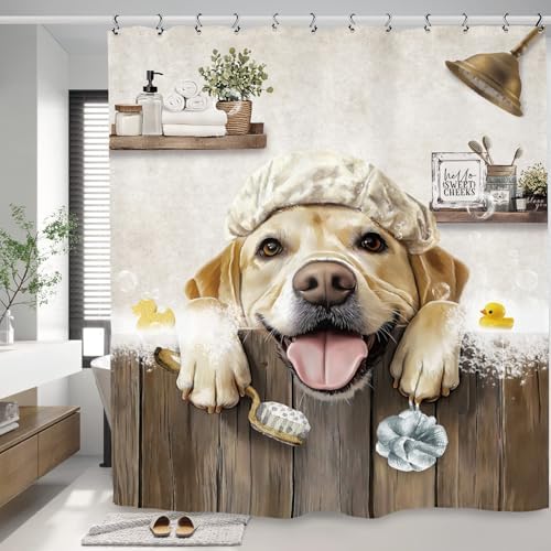 Funny Dog Farmhouse Shower Curtain 60Wx72L Inch Rustic Hilarious Labrador Pet Animal Country Bathroom Set Accessories Decor with 12 Pack Hooks