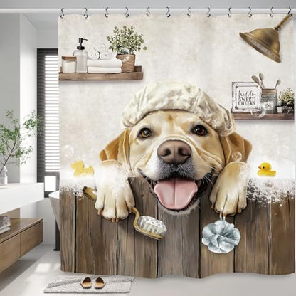 Funny Dog Farmhouse Shower Curtain 60Wx72L Inch Rustic Hilarious Labrador Pet Animal Country Bathroom Set Accessories Decor with 12 Pack Hooks
