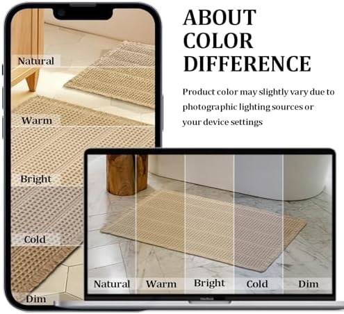 JIUZHEN Waffle Bath Mat Rug Super Absorbent Bath Mats for Bathroom Mat Non Slip Bathmat Machine Washable Soft Bathroom Rugs with Tassels Dry Fast Bath Rugs for Floor, 20" x 32", Strip-Brown