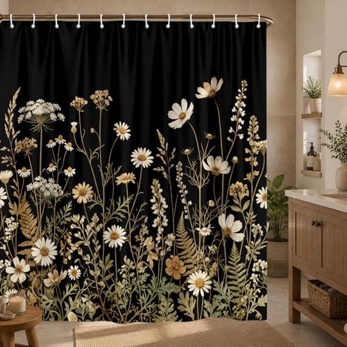Black Daisy Floral Shower Curtain, Boho Retro Elegant Botanical Design Shower Curtain Set, Vintage Wildflower Shower Curtain for Bathroom, Modern Aesthetic Decor with 12PCS Hooks, 72X72In