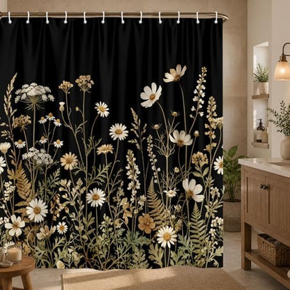 Black Daisy Floral Shower Curtain, Boho Retro Elegant Botanical Design Shower Curtain Set, Vintage Wildflower Shower Curtain for Bathroom, Modern Aesthetic Decor with 12PCS Hooks, 72X72In