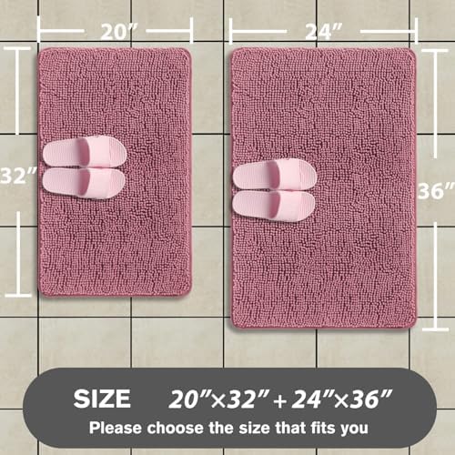 Dusty Rose Bathroom Rugs Sets 2 Piece – Absorbent and Washable Bath Mat, Non-Slip, Thick Soft Chenille Bath Rugs for Bathroom Floor, Shower, Sink - 20" x 32"+24" x 36"