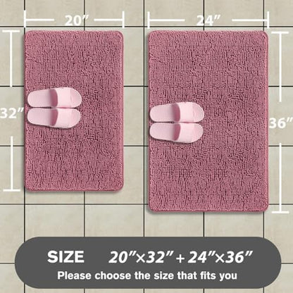 Dusty Rose Bathroom Rugs Sets 2 Piece – Absorbent and Washable Bath Mat, Non-Slip, Thick Soft Chenille Bath Rugs for Bathroom Floor, Shower, Sink - 20" x 32"+24" x 36"