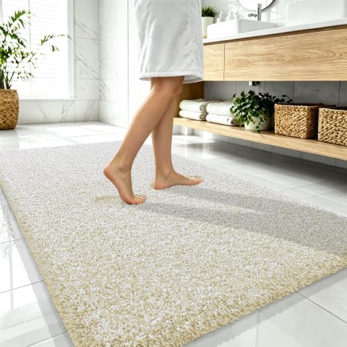 OLANLY Microfiber Bathroom Rugs 59x35, Quick Dry Bath Mat, Sand and White