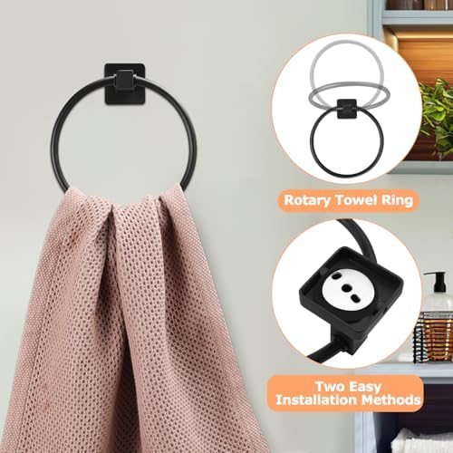 Matte Black Bathroom Hardware Set, Stainless Steel Wall Mounted Towel Hooks, Ring & Oversized Toilet Paper Holder with Shelf, Modern Home Accessories for Bathroom, Washroom, Kitchens and RVs