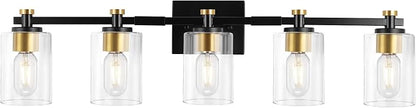 5 Light Bathroom Vanity Light Fixtures, Black and Gold with Clear Glass Shade, Modern Wall Sconce Over Mirror, Brushed Gold for Bathroom (E26 Base)