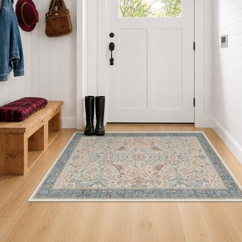 Traditional Washable 3x4 Entryway Rug, Mudroom Indoor Entrance Door Mat, Non-Slip Kitchen Floor Rug with Rubber Backing, Stain and Fade Resistant, Oriental Bird Pattern & Red Blue Floral Design