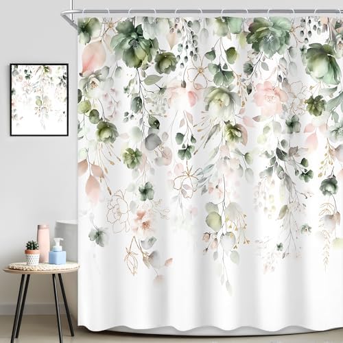 Summer Green Pink Floral Spring Eucalyptus Bathroom Shower Curtain Set