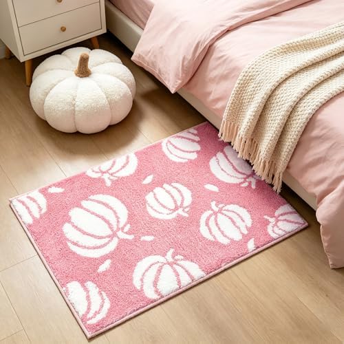 APROPHIC Fall Pumpkin Bath Mats for Bathroom, Thanksgving Super Absorbent Non-Slip Microfiber Shaggy Bath Rugs, Autumn Bathroom Mat for Shower, Tub, Sink, Decor, Machine Washable, 17x24 in, Pink
