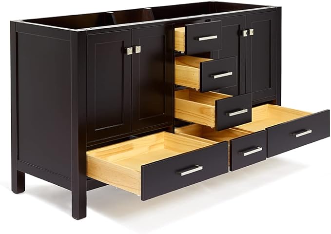 ARIEL Cambridge 60-inch Bathroom Vanity Base Cabinet,Solid Wood, 4 Soft Closing Doors, 6 Dovetail Drawers, Espresso