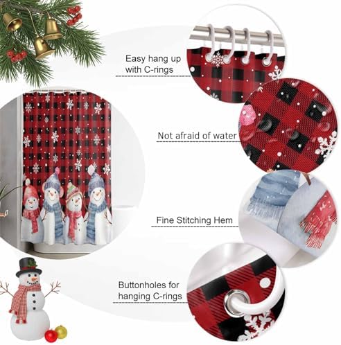 Christmas Snowman Shower Curtain Bathroom Set Red Black Buffalo Plaid Waterproof Shower Curtains with Grommets Hooks Xmas Snowflakes Privacy Bath Curtain for Bathtub Decor 48x72in