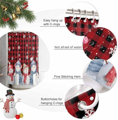 Christmas Snowman Shower Curtain Bathroom Set Red Black Buffalo Plaid Waterproof Shower Curtains with Grommets Hooks Xmas Snowflakes Privacy Bath Curtain for Bathtub Decor 48x72in
