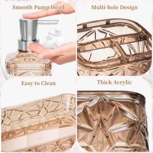 Bathroom Accessory Set, 7 Pcs Brown Bathroom Set, Acrylic Soap Dispenser and Toothbrush Holder Set, Qtip Holder Set, Bathroom Sink Set, Gift for Home Apartment