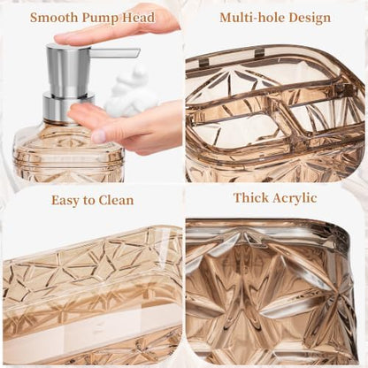 Bathroom Accessory Set, 7 Pcs Brown Bathroom Set, Acrylic Soap Dispenser and Toothbrush Holder Set, Qtip Holder Set, Bathroom Sink Set, Gift for Home Apartment