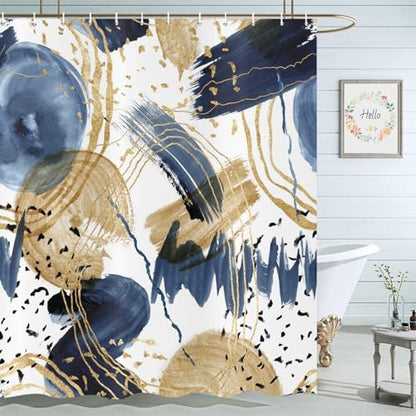 deFouliao Boho Shower Curtain, Mid Century Abstract Blue Gold Waterproof Shower Curtain for Bathroom Bathtub Home Curtain Decor, Washable with Hooks, 60Wx72L