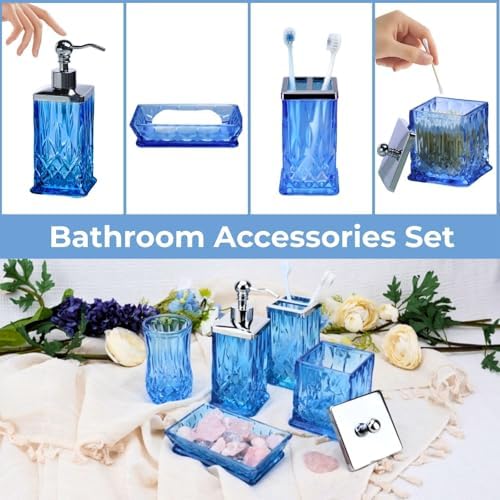 Blue Bathroom Accessories, Square Thick Glass & Metal Pump