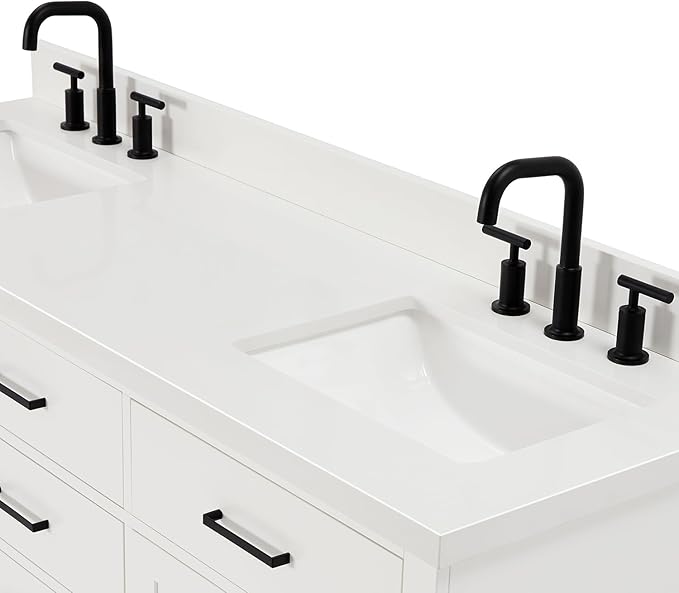 ARIEL Hepburn 66-inch Bathroom Vanity with Sink,Solid Wood, 1.5-inch Pure White Quartz Countertop & Backsplash, Double Rectangular Porcelain Sink, 4 Soft Closing Doors, 6 Dovetail Drawers, White