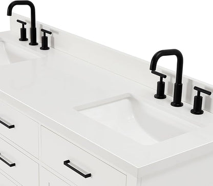 ARIEL Hepburn 66-inch Bathroom Vanity with Sink,Solid Wood, 1.5-inch Pure White Quartz Countertop & Backsplash, Double Rectangular Porcelain Sink, 4 Soft Closing Doors, 6 Dovetail Drawers, White