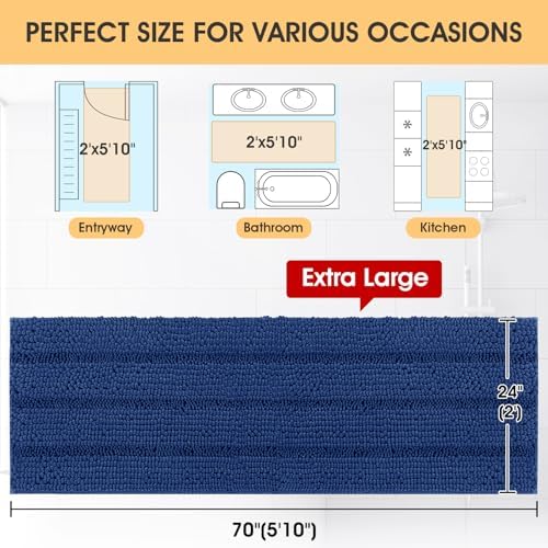 ACCUMTEK Extra Long Striped Denim Blue Bathroom Rug Mat 70"x24" Ultra Soft, Non Slip Chenille Bath Rugs, Absorbent Plush Shaggy Bath Mats for Bathroom, Bedroom, Kitchen, Shower, Tub