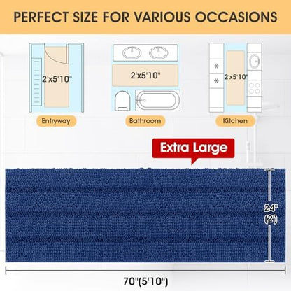 ACCUMTEK Extra Long Striped Denim Blue Bathroom Rug Mat 70"x24" Ultra Soft, Non Slip Chenille Bath Rugs, Absorbent Plush Shaggy Bath Mats for Bathroom, Bedroom, Kitchen, Shower, Tub