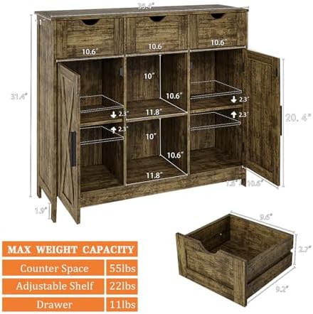 Viaozutis Storage Cabinet, Coffee Bar Cabinet with 2 Adjustable Shelves, 3 Drawers, and 2 Doors, for Bathroom, Kitchen, Living Room (Retro)