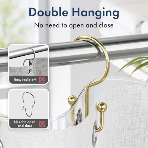 Bathway Shower Curtain Hooks Gold Shower Curtain Rings, 12 Pcs Double Hook Shower Curtain Hooks Rings Shower Curtain Hangers Rust Proof, Metal Shower Hooks for Bathroom Shower Curtain Rod