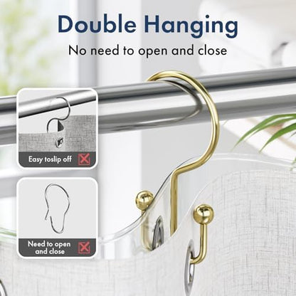 Bathway Shower Curtain Hooks Gold Shower Curtain Rings, 12 Pcs Double Hook Shower Curtain Hooks Rings Shower Curtain Hangers Rust Proof, Metal Shower Hooks for Bathroom Shower Curtain Rod