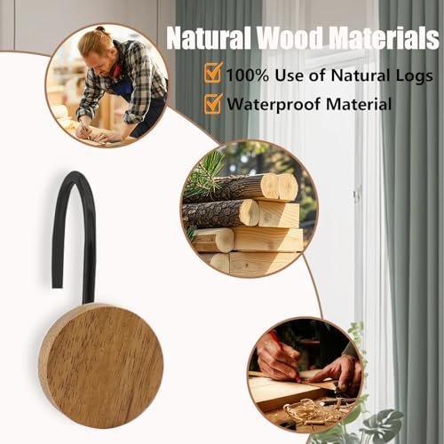 Shower Curtain Hooks, Wood Decorative Shower Curtain Rings, Modern Round Log Shower Curtain Hangers, 12PCS Shower Hooks for Shower Curtain Rod, Bedroom, Living Room (Black)