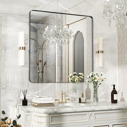 Fun Memories Black Bathroom Mirror 36X36 Inch Bathroom Vanity Mirror, Metal Black Frame Large Mirror, Modern Wall Mirror for Bathroom, Tempered Glass, Farmhouse Mirror, Horizontally or Vertically
