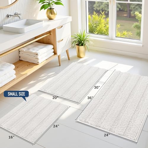 Grandaily Chenille Striped Bathroom Rugs 24x16, Extra Thick and Absorbent Bath Mats, Non-Slip Soft Plush Shaggy Shower Carpet, Machine Wash Dry, Bath Rug for Bathroom, (Small, Cream)