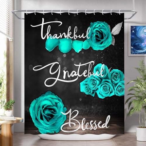 Onalasyc 4Pcs Green Rose Floral Shower Curtain with Rugs Set