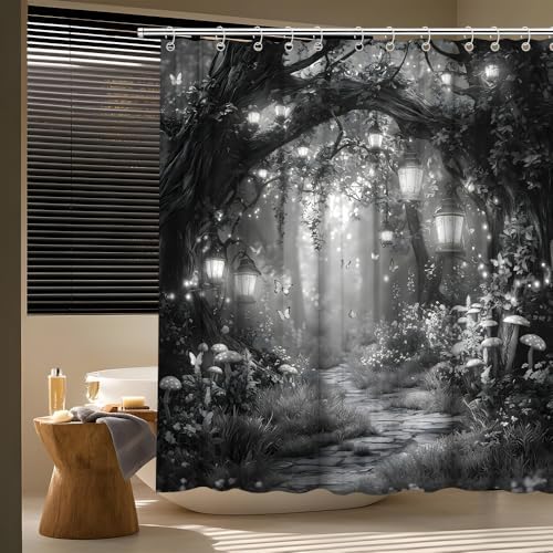 Fantasy Forest Path Shower Curtain Grey Fairy Magical Enchanted Misty Jungle Mushroom Floral Tree Butterfly Lantern Wonderland Bath Curtain Fabric Bathroom Accessories Decor with Hooks 75W x70L