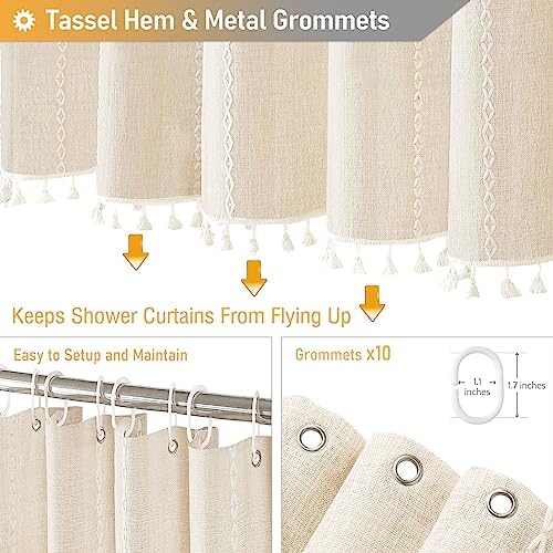 BTTN 54 x 72 Boho Linen Heavy Duty Cloth Shower Curtain Set, Cream/Beige