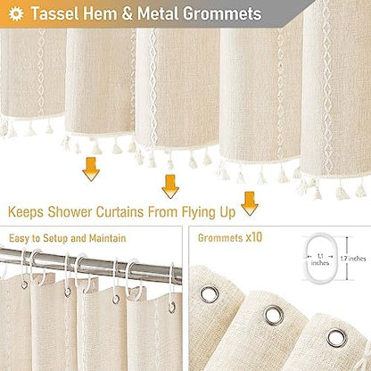 BTTN 54 x 72 Boho Linen Heavy Duty Cloth Shower Curtain Set, Cream/Beige