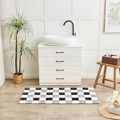 CozeCube Jet Black Checkered Bath Mat 47"x24" Non Slip Washable Rug