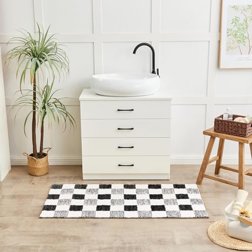 CozeCube Jet Black Checkered Bath Runner 59"x24" Non Slip Washable Rug