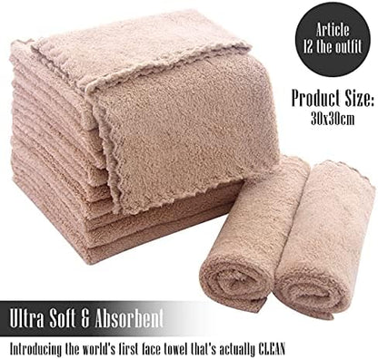 TENSTARS 12 Pack Premium Washcloths Set - Quick Drying - Soft Microfiber Coral Velvet Highly Absorbent Wash Clothes - Multipurpose Use as Bath Fitness, Spa, Facial, Fingertip Towel (Brown)