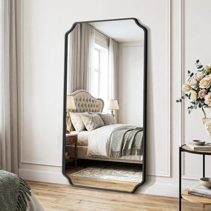 Delma Bathroom Vanity Mirror, Black Framed Aluminum Bathroom Mirror for Over Sink, Scalloped Round Corner Wall Mirror, High-Definition Vanity Mirror, Hangs Horizontally or Vertically (30x50,Black)