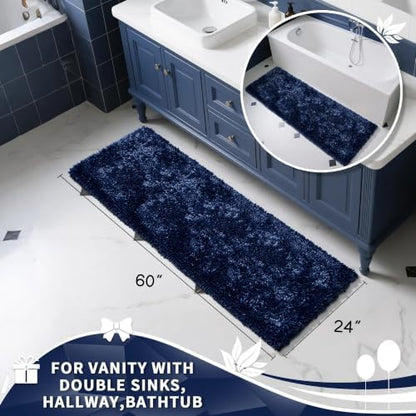 Yimobra Long Bathroom Rugs Runner 60x24 Inch, Extra Thick Soft Absorbent Chenille Bath Mat, Non Slip Machine Washable, Quick Dry Bath Rugs for Bathroom Floor, Tub and Shower, Navy Blue