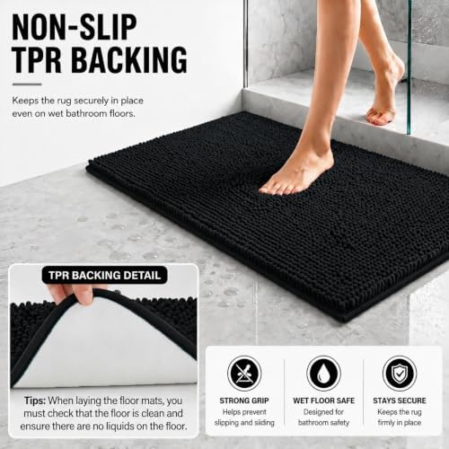 Bathroom Rugs Sets 2 Piece,Super Absorbent Soft,Thick,Machine Washable Chenille Bath Mat,Non Slip Toilet Floor Rug,Bath Mats for Bathroom,20x32 Plus 20x20 U Shape,Black