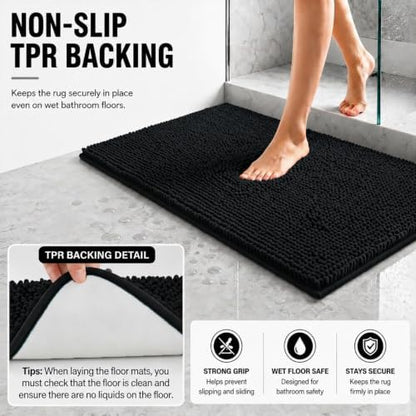 Bathroom Rugs Sets 2 Piece,Super Absorbent Soft,Thick,Machine Washable Chenille Bath Mat,Non Slip Toilet Floor Rug,Bath Mats for Bathroom,20x32 Plus 20x20 U Shape,Black
