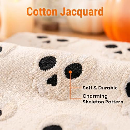 2 Pack Halloween Hand Towels 100% Cotton Jacquard Skeleton Halloween Kitchen Towels White Bathroom Towels Set Seasonal Bathroom Decor(White Skeleton, Halloween)