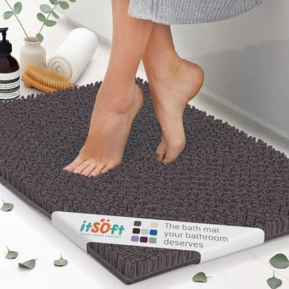 Large Chenille Bath Mats 47x21, Plush Absorbent Quick Dry, Soft & Machine Washable, Non Slip Carpet for Bathroom, Thick Bathroom Rugs, Shower Restroom Rug Mat, Bathrugs, Dark Brown