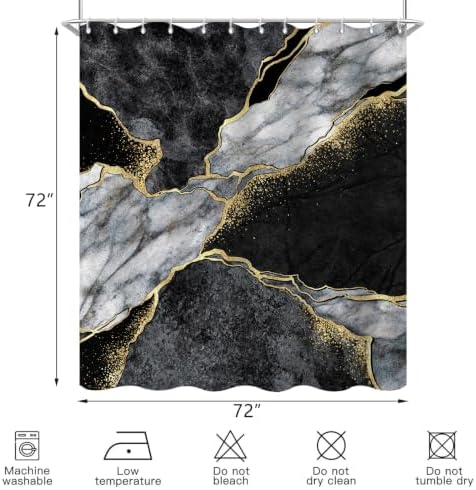 Black Marble Shower Curtain Modern Abstract Luxury Gold Ink Texture Gray Ombre Watercolor Bathroom Curtain Set with Hooks Soft and Lightweight Waterproof Fabric Machine Washable 36" Wx72 L