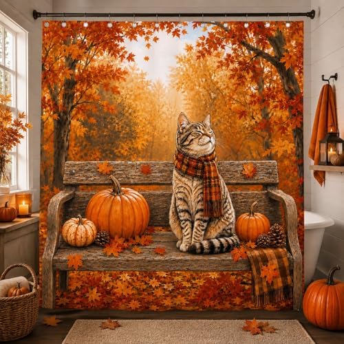 Fall Cat Shower Curtain, Autumn Forest Pumpkin Thanksgiving Bathroom Curtains, Rustic Farmhouse Maple Leaves Cozy Waterproof Polyester Fabric Shower Curtain with Hooks 72x72 Inch