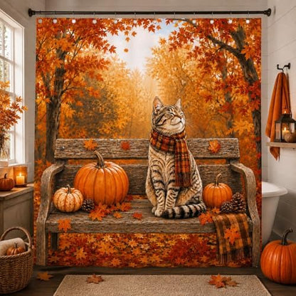 Fall Cat Shower Curtain, Autumn Forest Pumpkin Thanksgiving Bathroom Curtains, Rustic Farmhouse Maple Leaves Cozy Waterproof Polyester Fabric Shower Curtain with Hooks 72x72 Inch