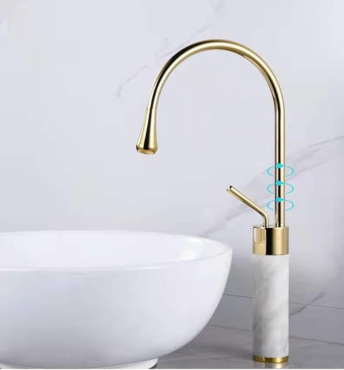 Premium Gold Brass & Marble Bathroom Faucet Hot & Cold Water Mixer Swivel Sink Tap Elegant Design for Modern Vanities Durable Copper Construction，Golden High
