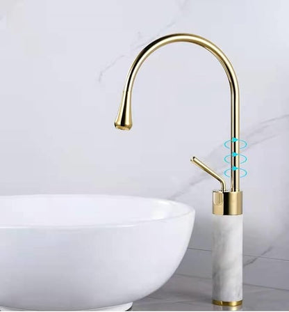 Premium Gold Brass & Marble Bathroom Faucet Hot & Cold Water Mixer Swivel Sink Tap Elegant Design for Modern Vanities Durable Copper Construction，Golden High