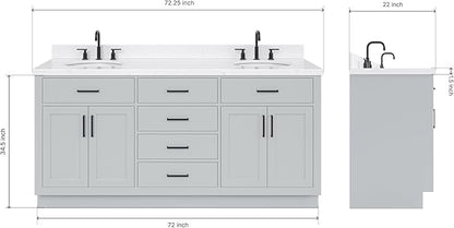 ARIEL Hepburn 72-inch Bathroom Vanity with Sink,Solid Wood, 1.5-inch Carrara White Quartz Countertop & Backsplash, Double Oval Porcelain Sink, 4 Soft Closing Doors, 6 Dovetail Drawers, Grey