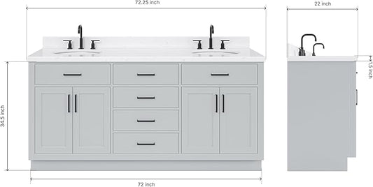 ARIEL Hepburn 72-inch Bathroom Vanity with Sink,Solid Wood, 1.5-inch Carrara White Quartz Countertop & Backsplash, Double Oval Porcelain Sink, 4 Soft Closing Doors, 6 Dovetail Drawers, Grey